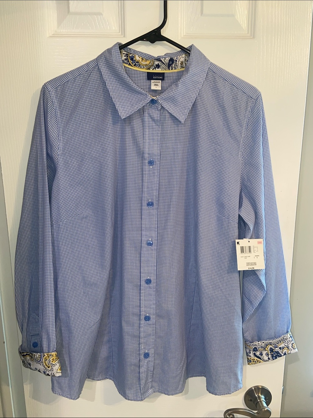 Basic Editions Women’s L Blue Gingham Blouse Paisley Cuffs NWT